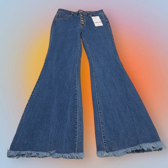 C’EST TOI Women’s 7 / 27 Mid Rise Button Down Wide Flare Blue Jeans - Picture 2 of 4